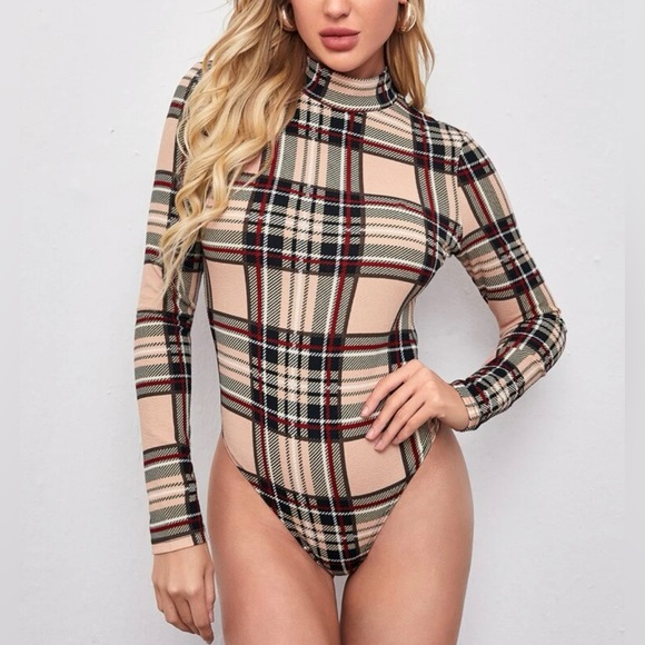 Mock Neck Plaid Form Fitted Bodysuit - Picture 2 of 5